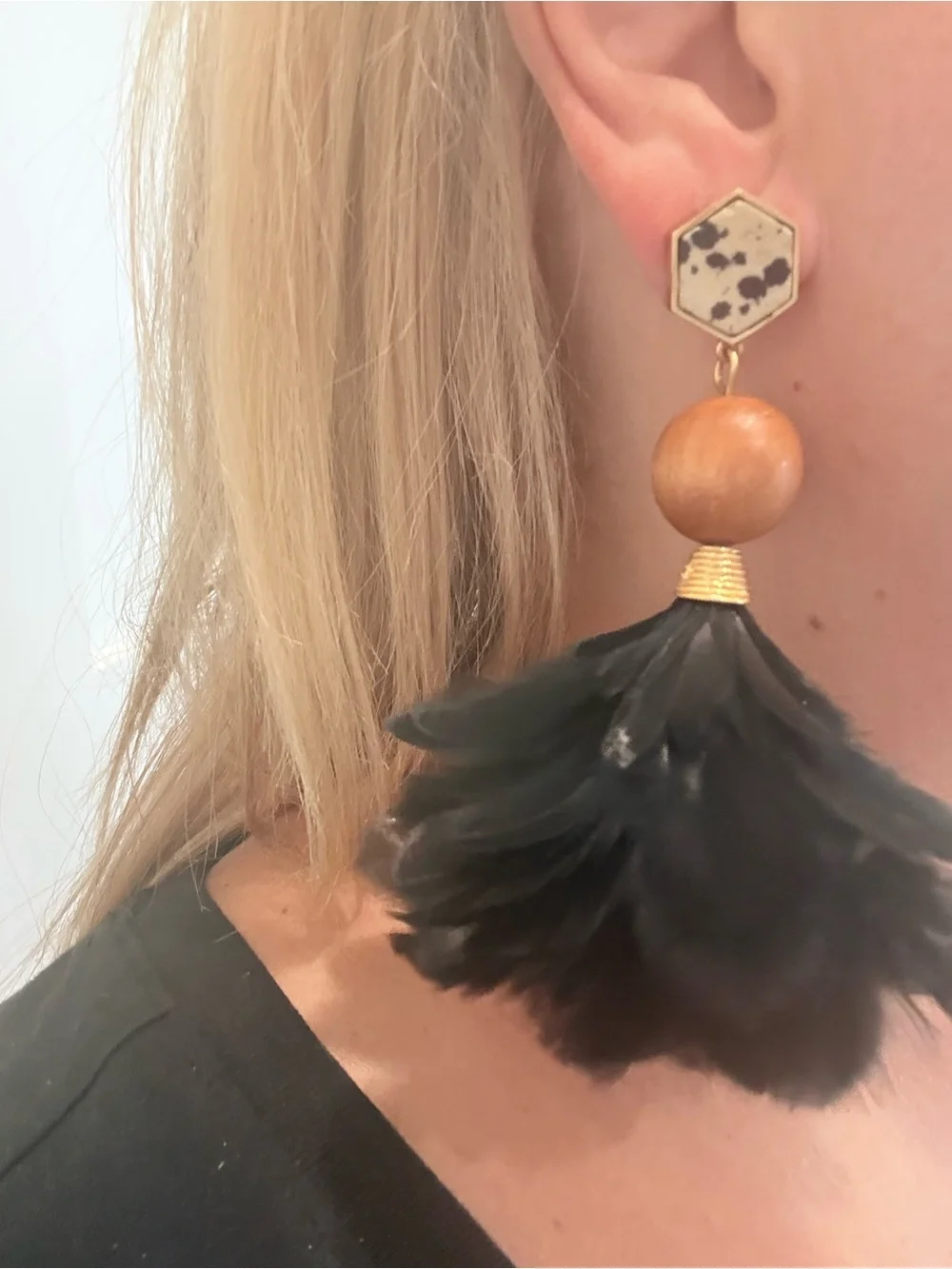Tory Burch black feather drop earrings with black / ivory / brown stone accents